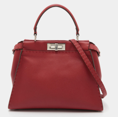 Fendi Red Selleria Leather Medium Peekaboo Top Handle Bag